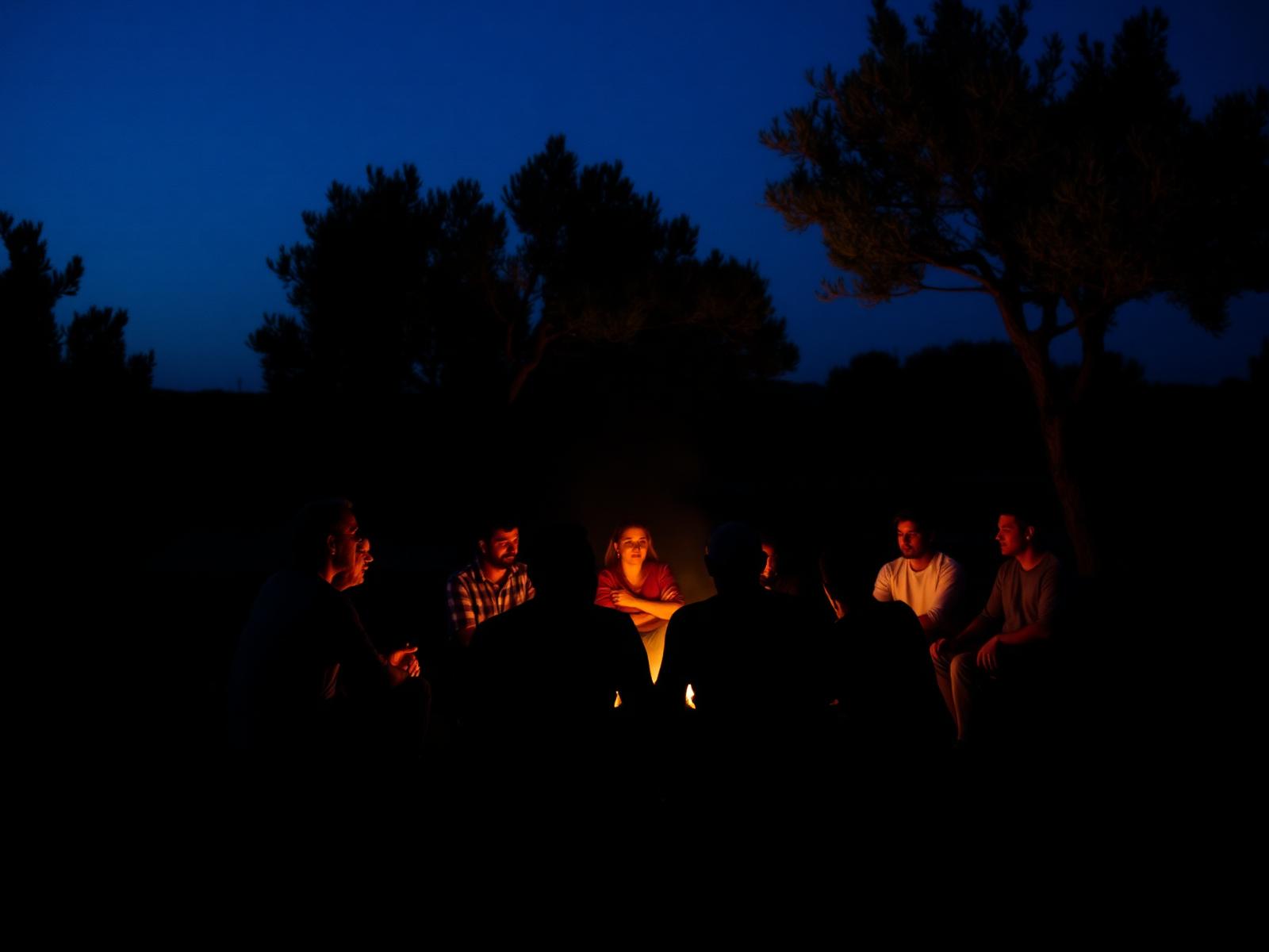 Retreat guests gathered around the campfire at dusk at Monte Valeo